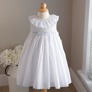Smocked White Dress with Blue Embroidery Boutique Luli & Me Sleeveless NWT